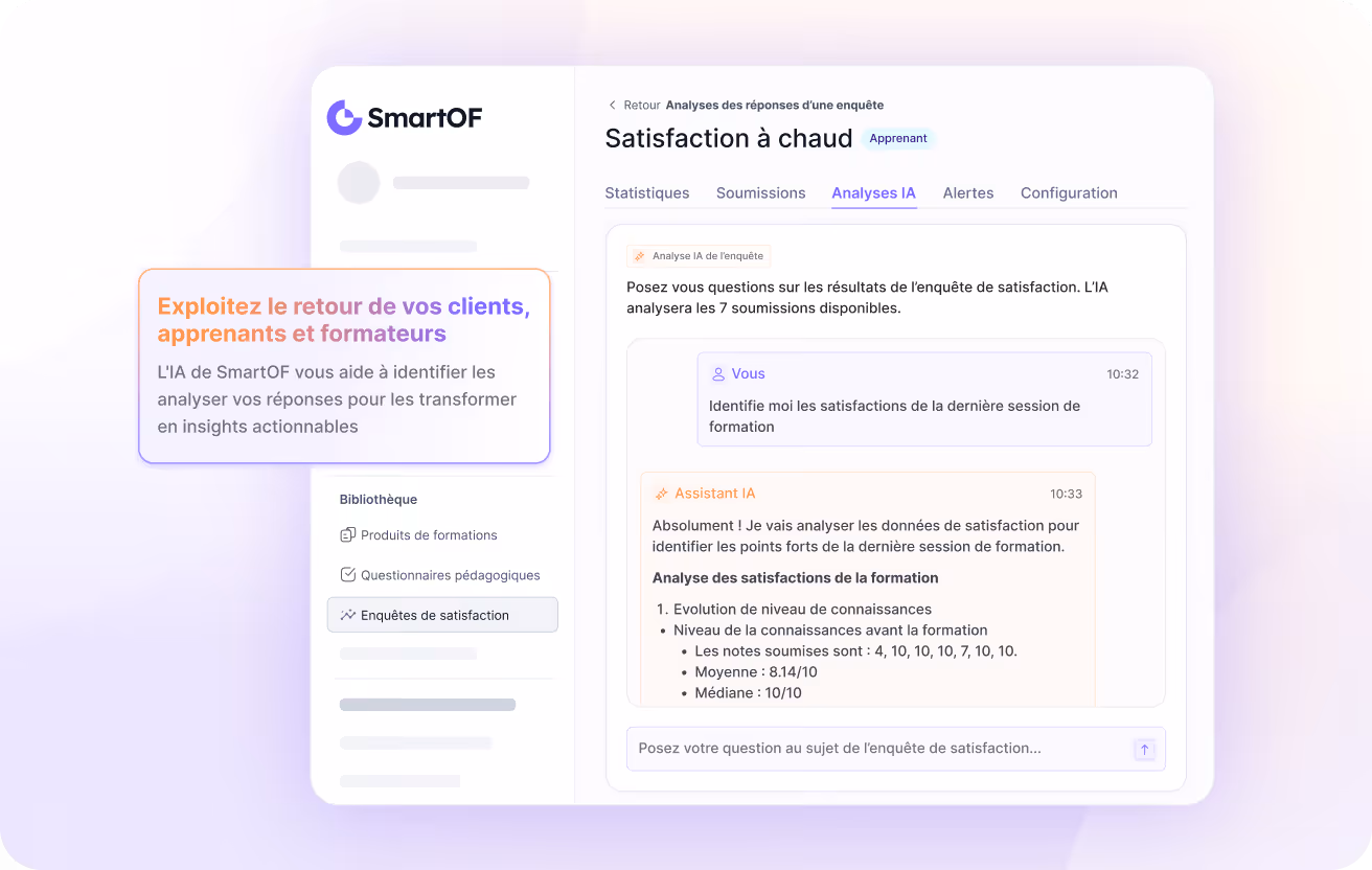 Synthétisez vos enquêtes de satisfaction grâce à l'assistant IA de SmartOF.