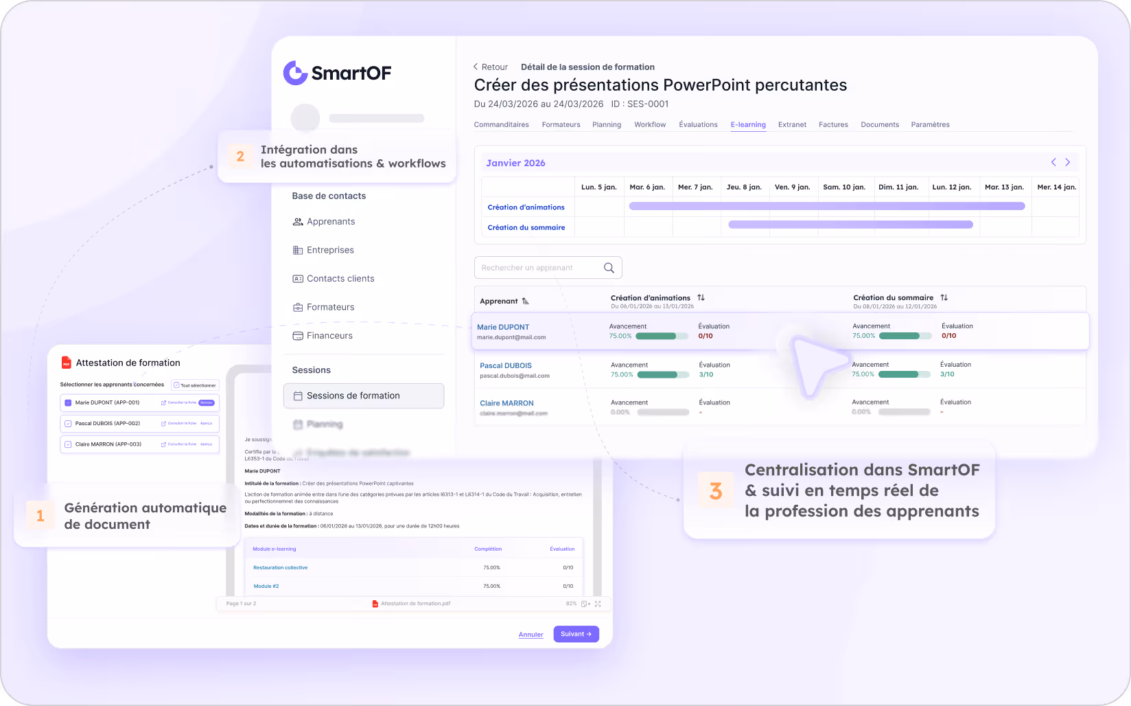 Interface SmartOF affichant la progression des apprenants dans une formation PowerPoint, avec génération automatique de documents, intégration des workflows, et suivi en temps réel.