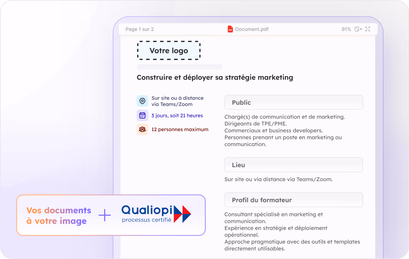 Extrait d'une page PDF présentant un programme de formation marketing de 3 jours, accessible sur site ou à distance via Teams/Zoom, limité à 12 personnes, avec détails sur le public cible, le lieu et le profil du formateur.