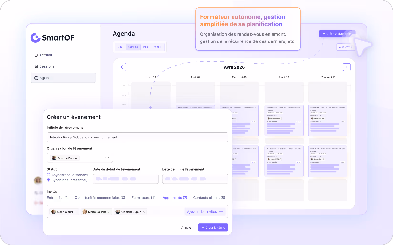 Interface SmartOF calendrier planification: création événement, date, statut, invités, vue semaine avril 2026.
