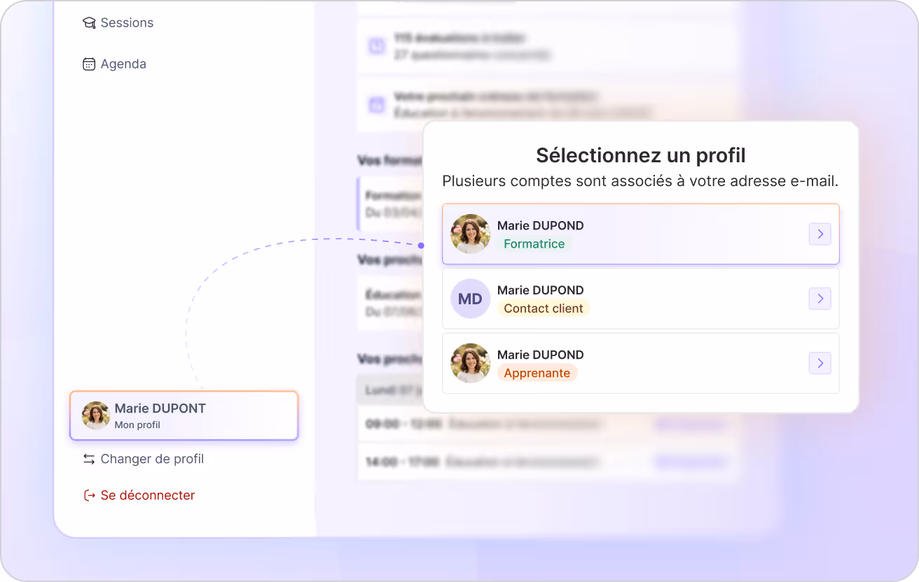 Interface montrant trois profils Marie DUPONT à choisir selon leur rôle : formatrice, contact client, apprenante.