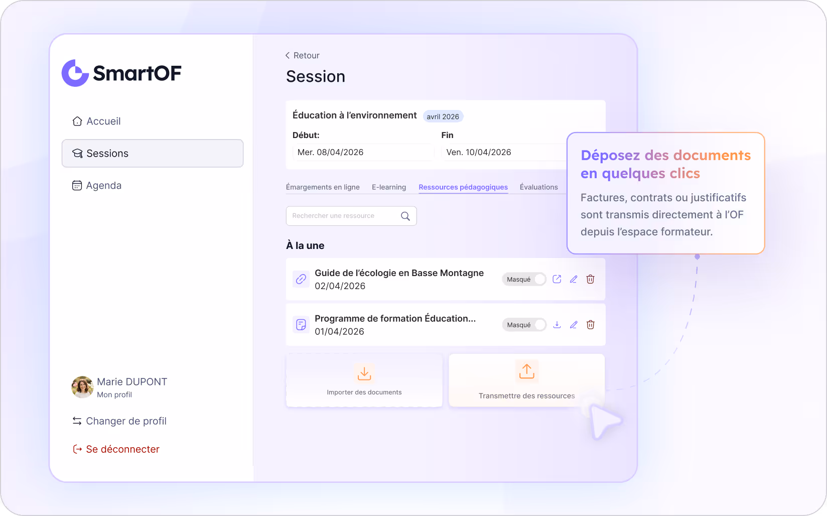 Interface SmartOF affichant une session éducative avec options pour importer et transmettre des documents pédagogiques.