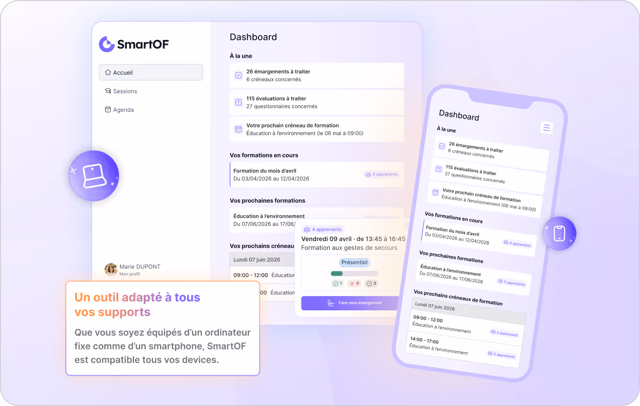 Capture d'écran du tableau de bord SmartOF sur ordinateur et smartphone avec formation et tâches listées.