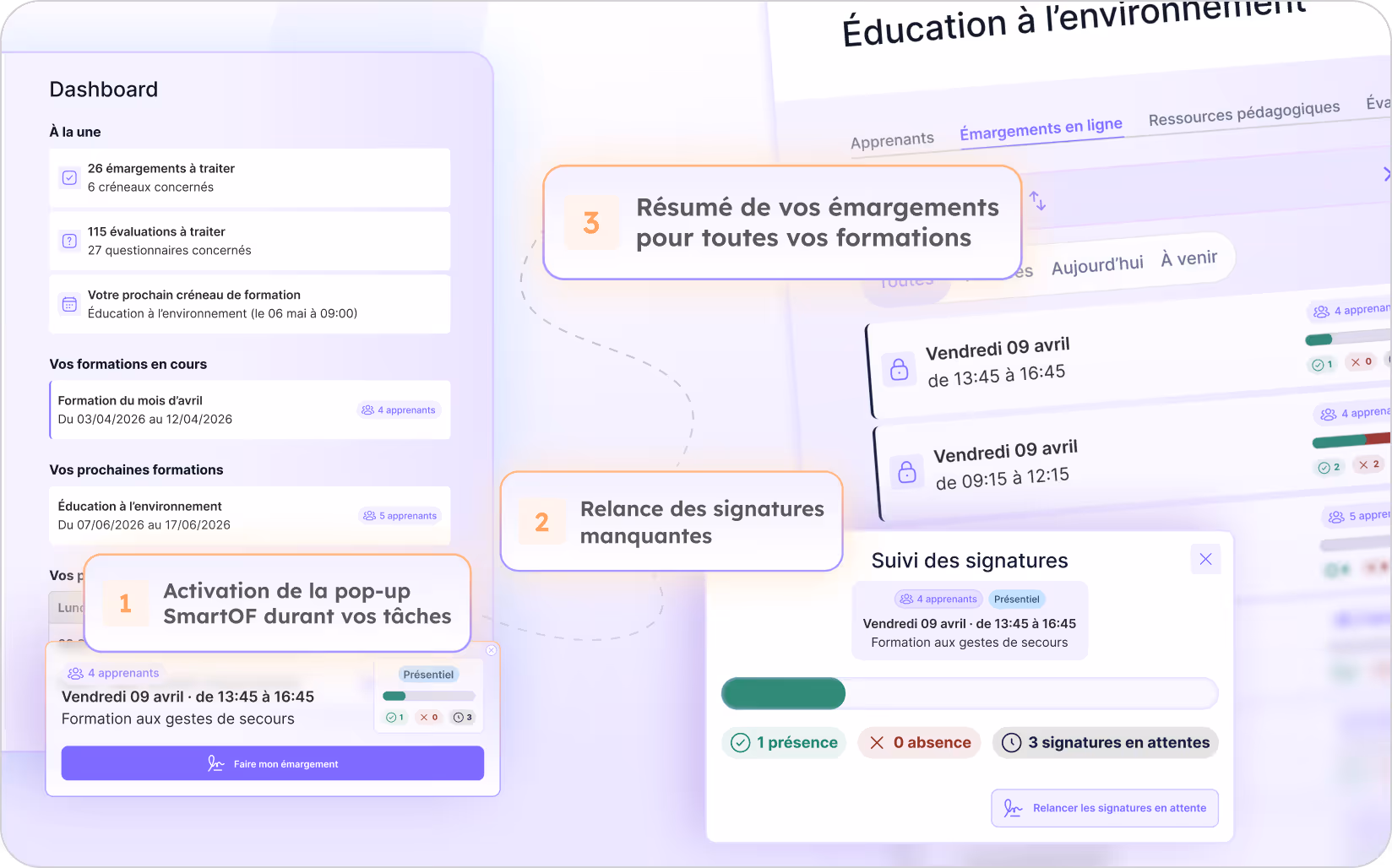 Interface de gestion des formations avec tableau de bord, suivi des présences et signatures en ligne.