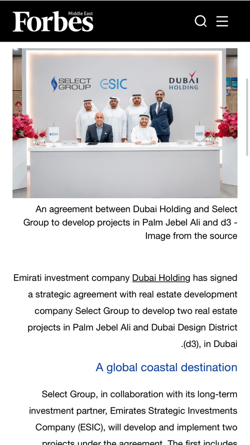 Dubai Holding and Select Group Sign Agreement to Develop Projects in Palm Jebel Ali and d3