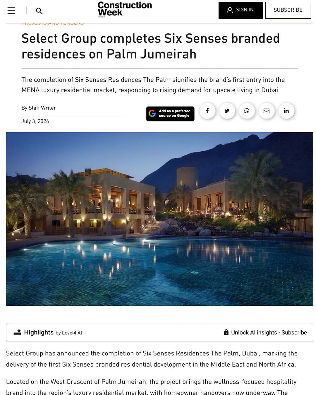 Select Group completes Six Senses branded residences on Palm Jumeirah
