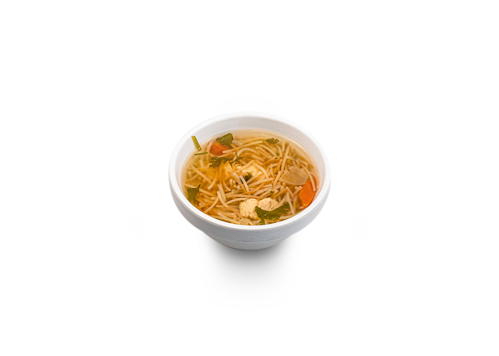 Warm broth soup with shredded chicken and noodles