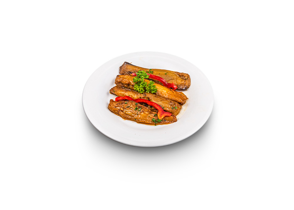 Stewed eggplant chunks in a rich tomato sauce