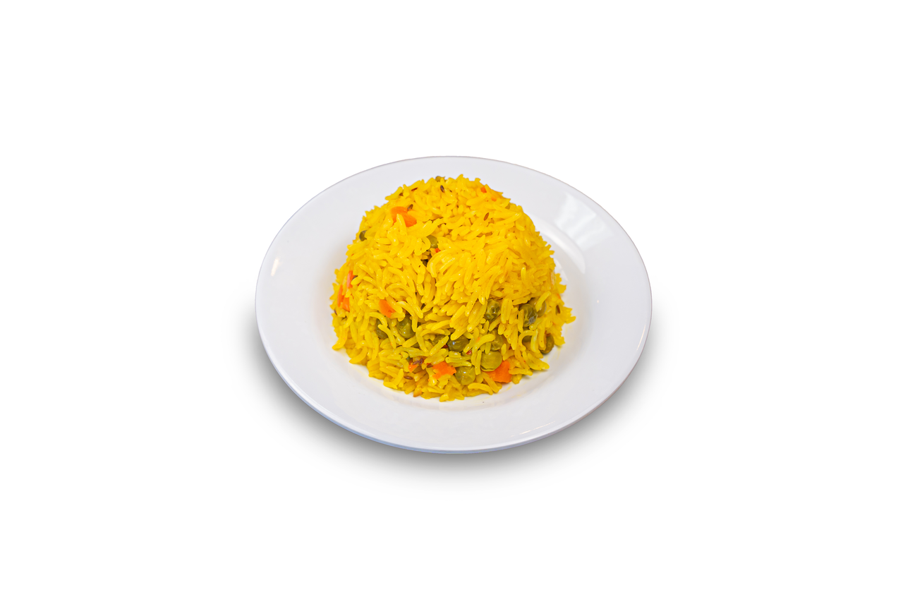 Yellow rice mixed with peas, carrots, and corn