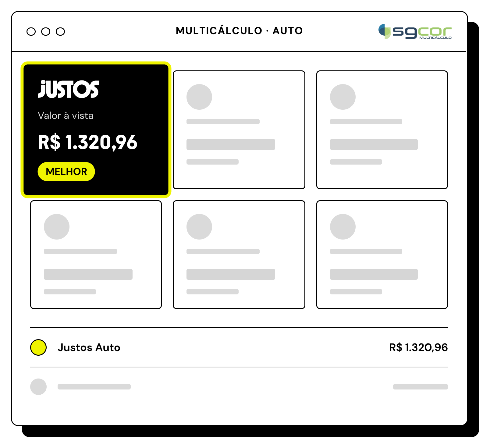 Ilustração da tela do SGCOR Multicálculo com a cotação da Justos em destaque como melhor opção para seguro auto