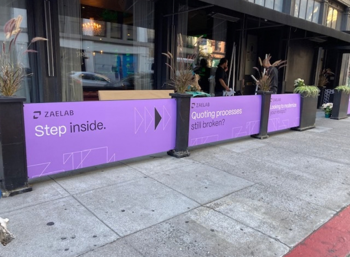 Step inside banners for the CPQ Recovery Lounge event hosted by Zaelab at Dreamforce 2026