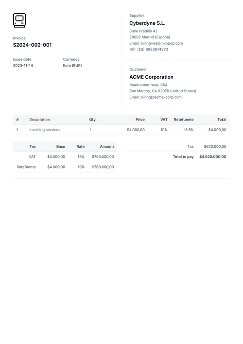 Example of a PDF invoice generated by Invopop