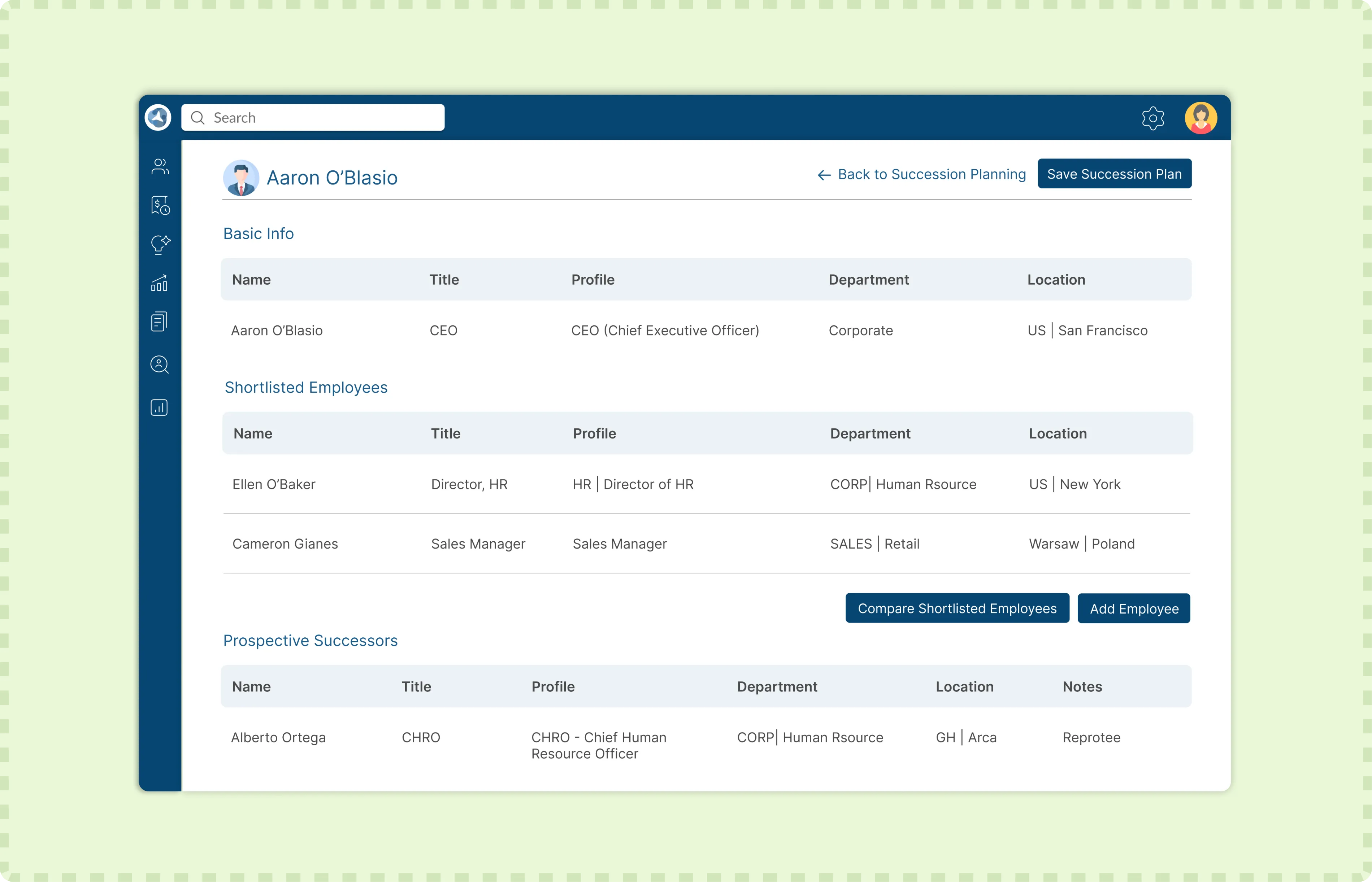 ClayHR Succession Planning showing the comparison of shortlisted employee profiles