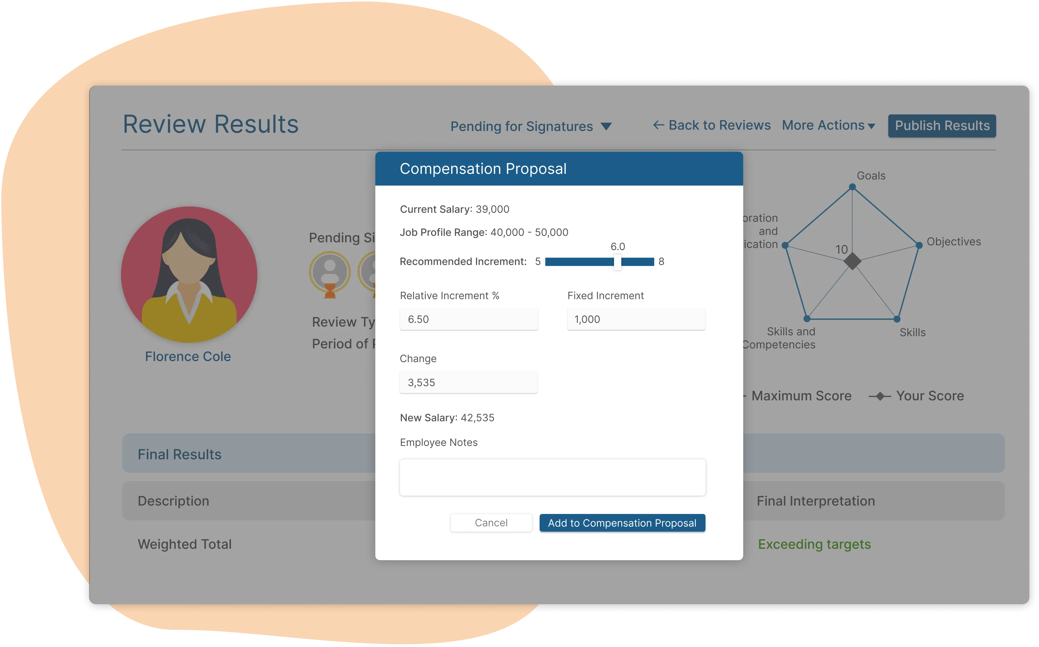 ClayHR interface aligns performance reviews like goal-based, skill-based, and pay for personalized compensation proposals.