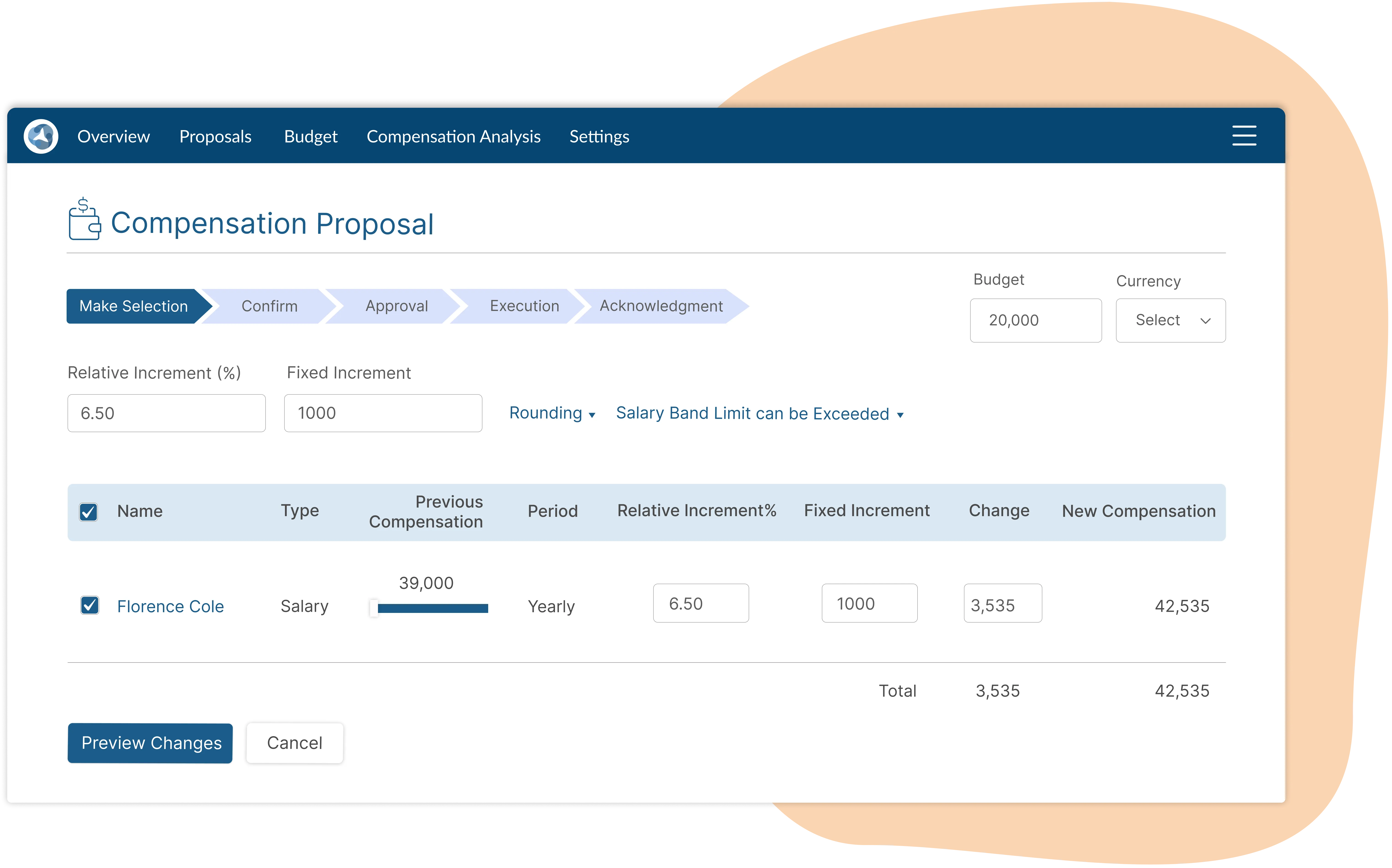 ClayHR screen configuring non-performance-based pay updates for inflation, cost of living, and market adjustments.
