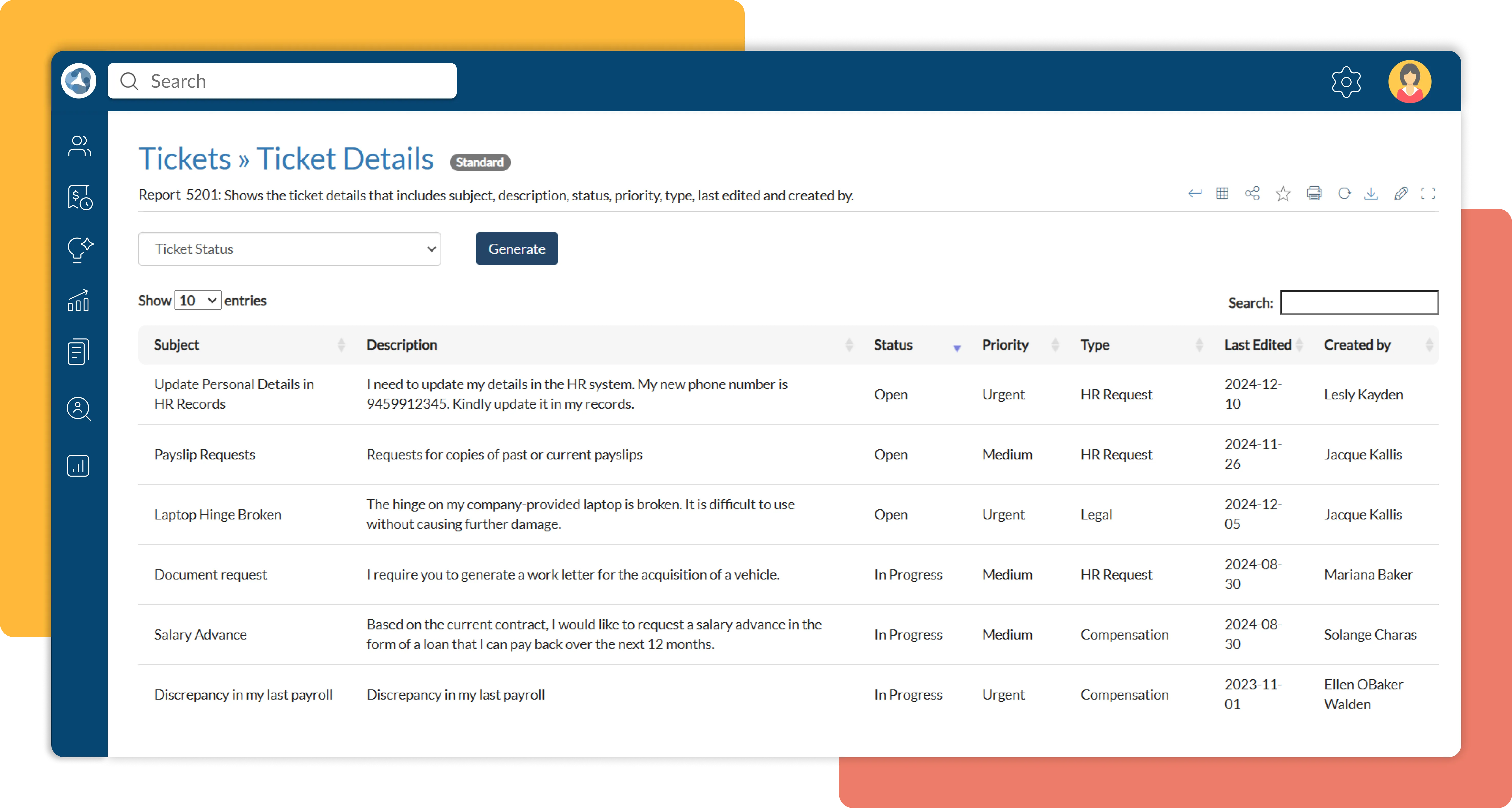 HR ticket management dashboard with real-time tracking, performance insights, and progress status for optimizing processes.