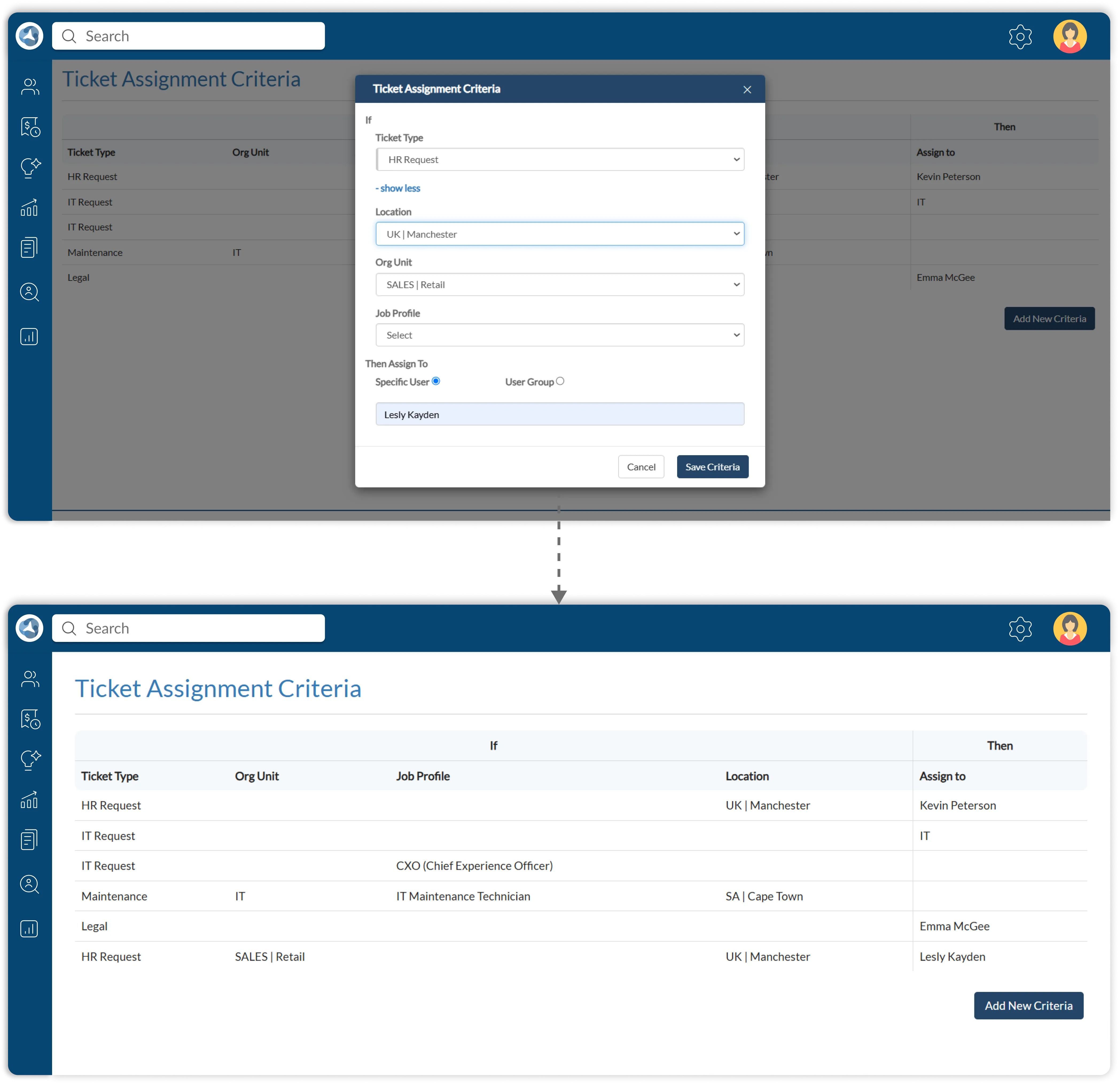 HR ticketing software interface with customizable rules for assigning tickets based on type, location, or job profile.