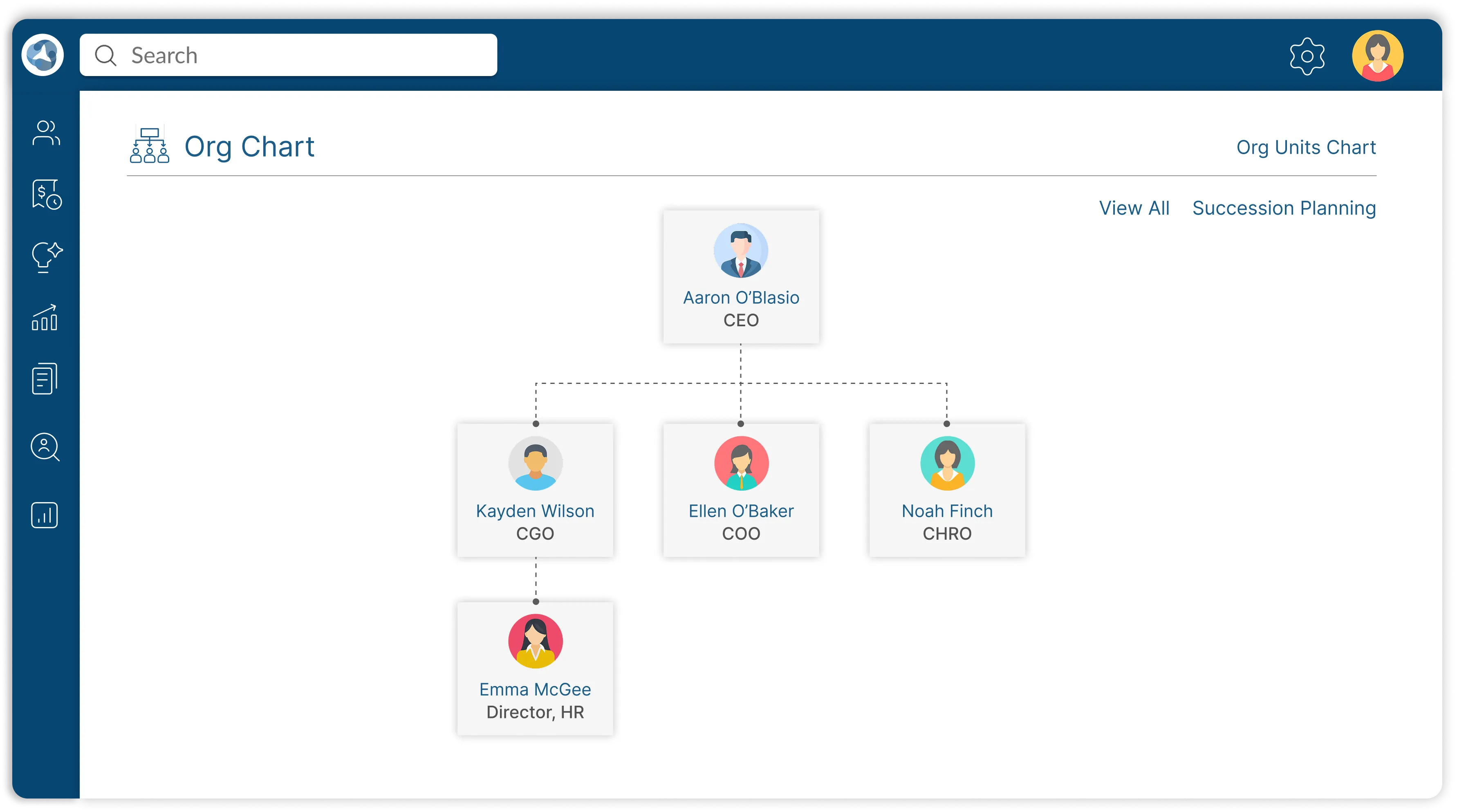 Dynamic org chart showcasing employee relationships in ClayHR’s employee database system for clear organizational structures.