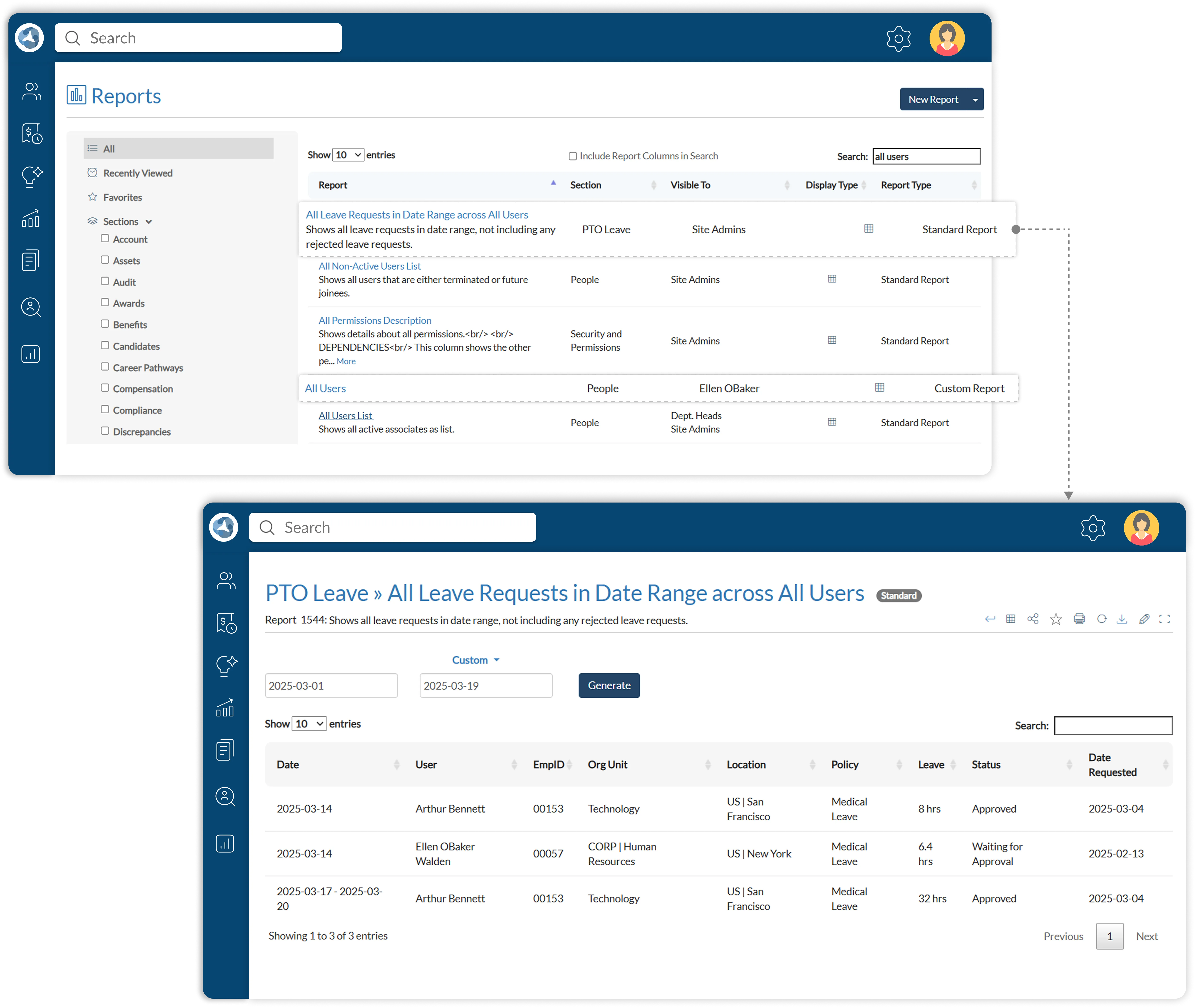 Dynamic org chart showcasing employee relationships in ClayHR’s employee database system for clear organizational structures.