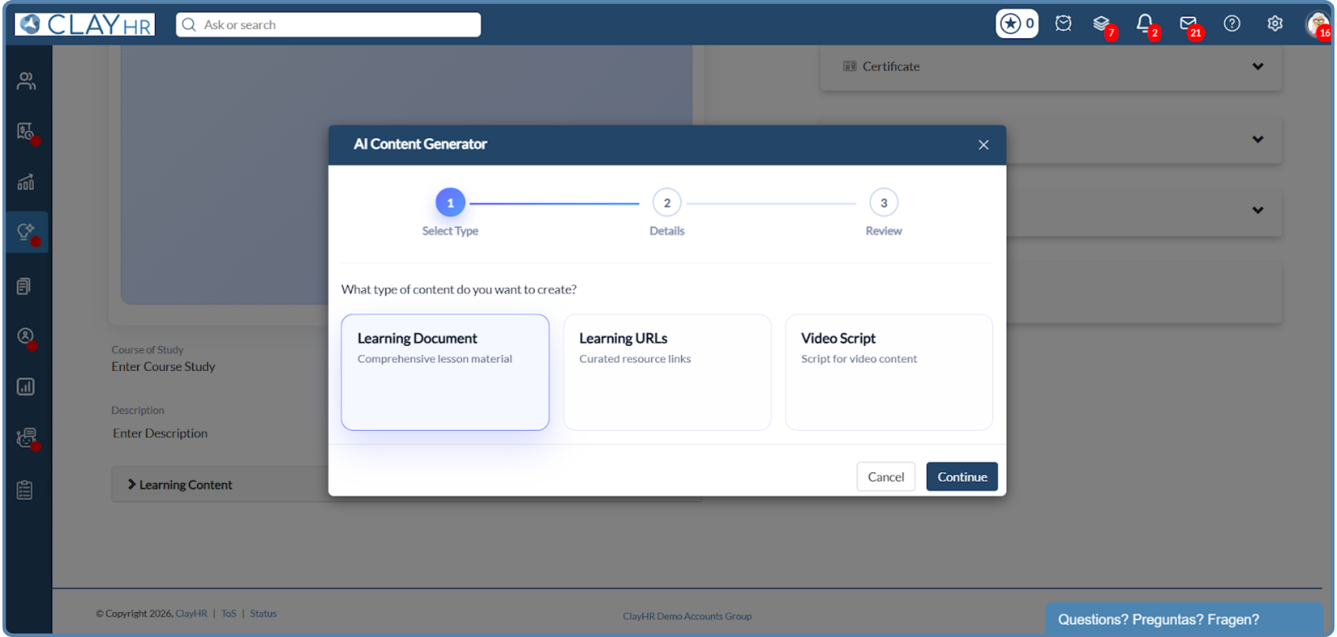 Centralized LMS system by ClayHR stores and streams unlimited training content while tracking employee progress and performance analytics.