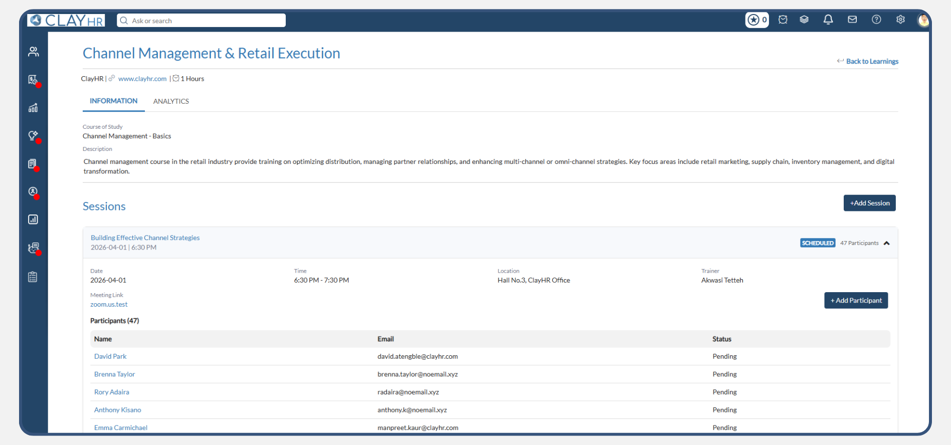 Centralized LMS system by ClayHR stores and streams unlimited training content while tracking employee progress and performance analytics.