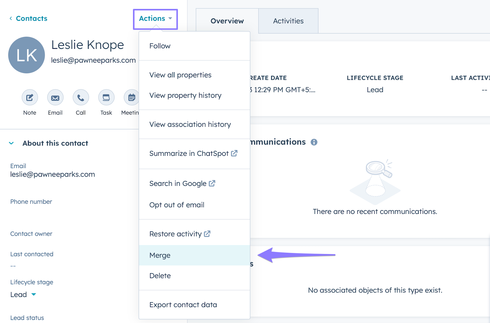 In the contact information page select actions and merge