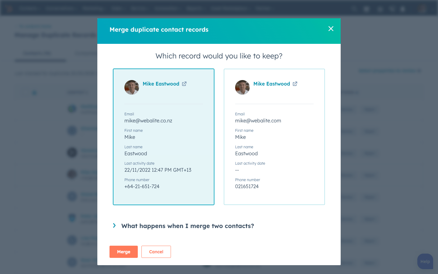 How to De-Duplicate Contacts in HubSpot-Select-Contact-To-Merge