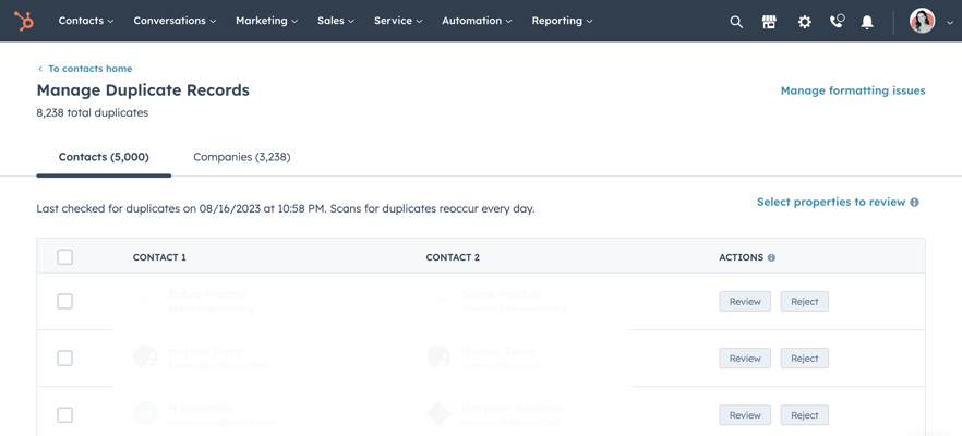 Manage duplicates tool in HubSpot