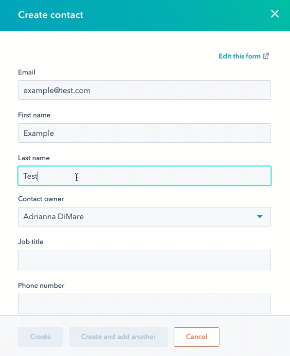 Form in hubspot to create a new contact manually