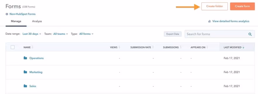 HubSpot forms folder system