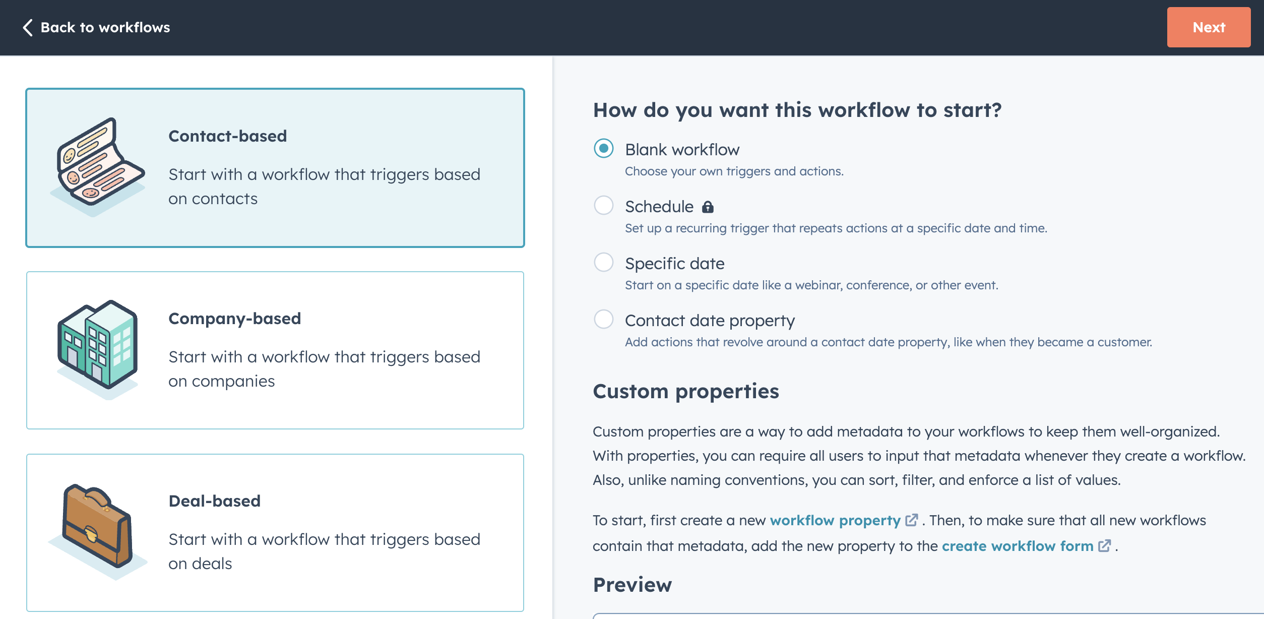 HubSpot Workflow Options - contact-based, company-based, deal-based