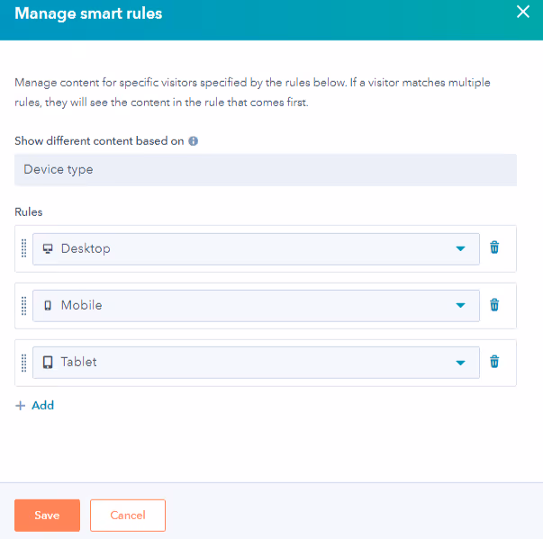 Select manage smart rules and chose Device Type as smart rule category in HubSpot to personalize content for mobile users or desktop users | smart variation