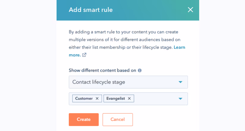 From the dropdown menu, add smart rule to marketing emails to personalize your emails subject line based on rule type - click create