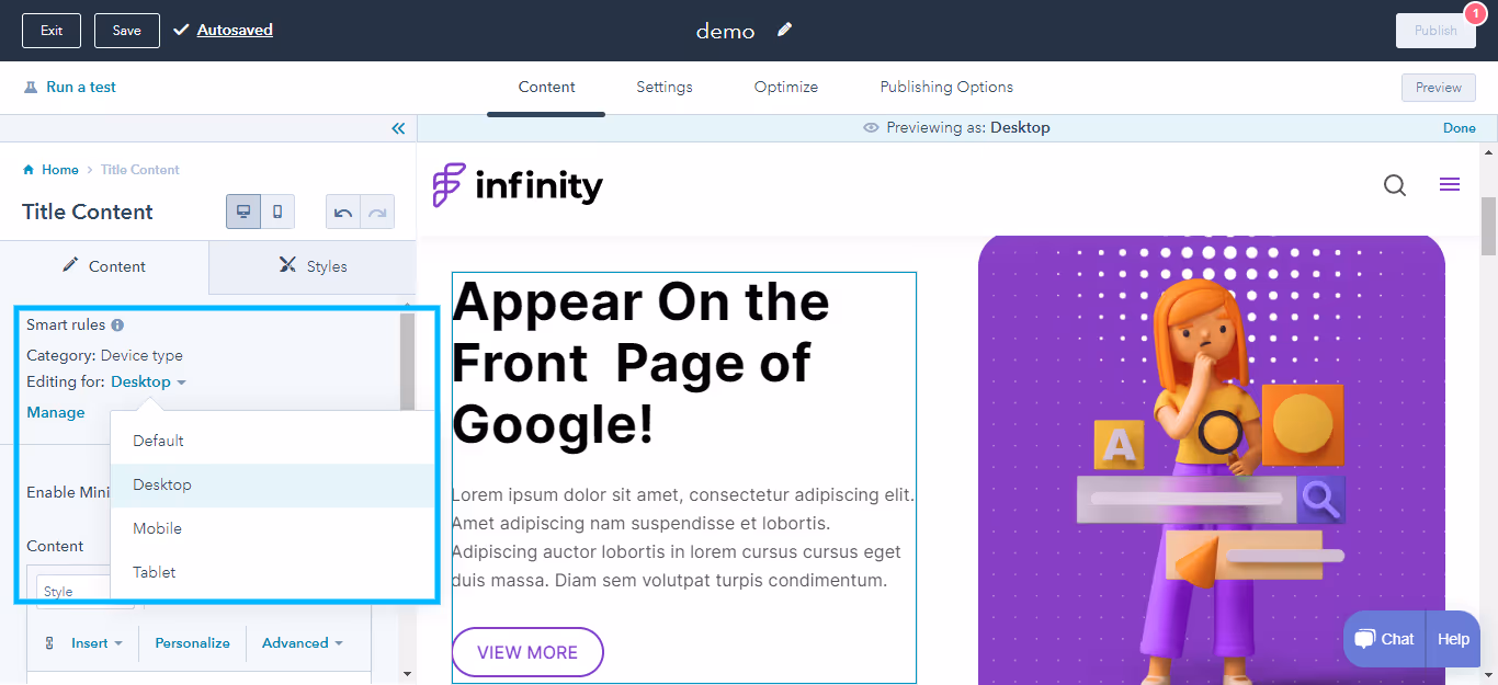 Click save and after creating smart rules, in the sidebar editor you can edit accordingly smart content for each existing rule you created | select the desired rule from the dropdown menu