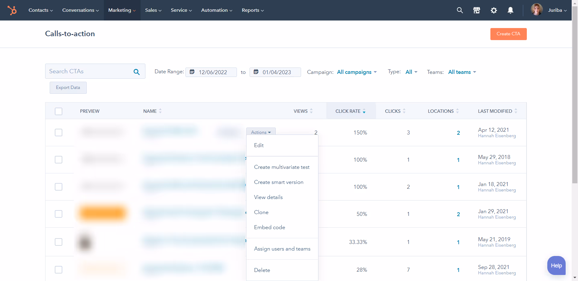 Smart content marketing | dropdown menu click ''create and add smart version' to create a smart cta
