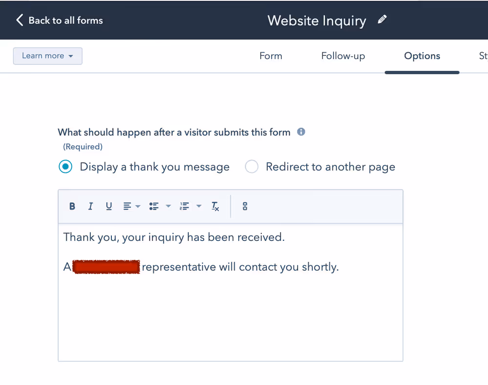 Personalised thank you message after form submission to reach workflow goals- HubSpot