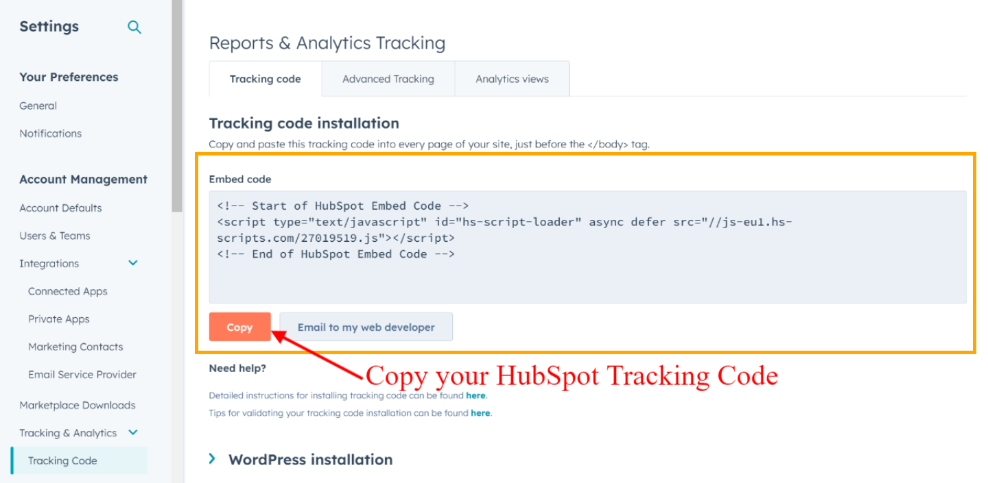 In your hubspot account, copy the embed code section 