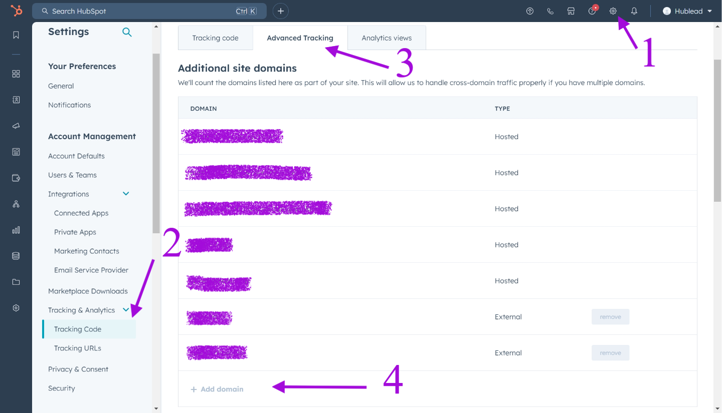 Tracking Multiple Domains in HubSpot using the tracking code