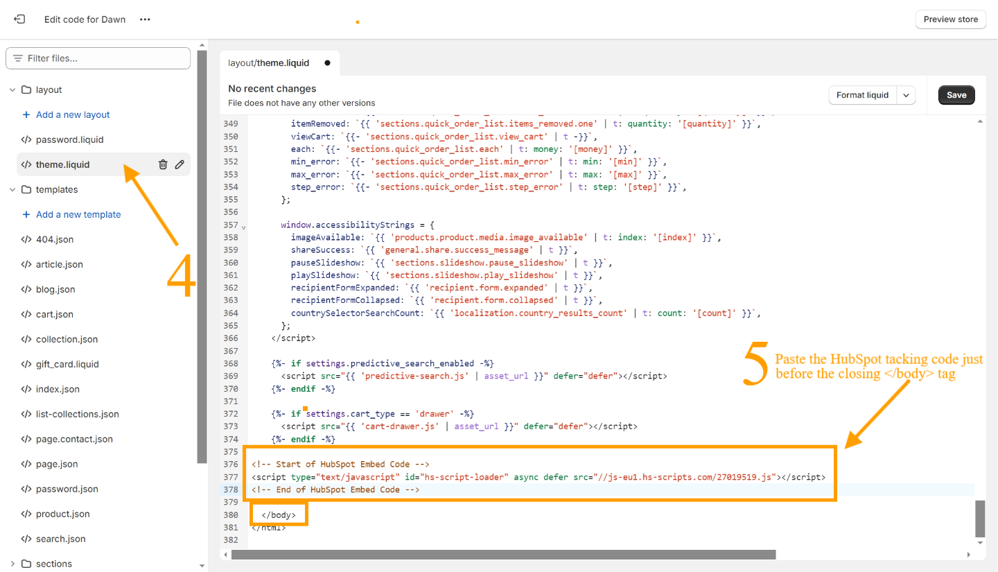 Shopify and HubSpot - edit html code - insert tracking code