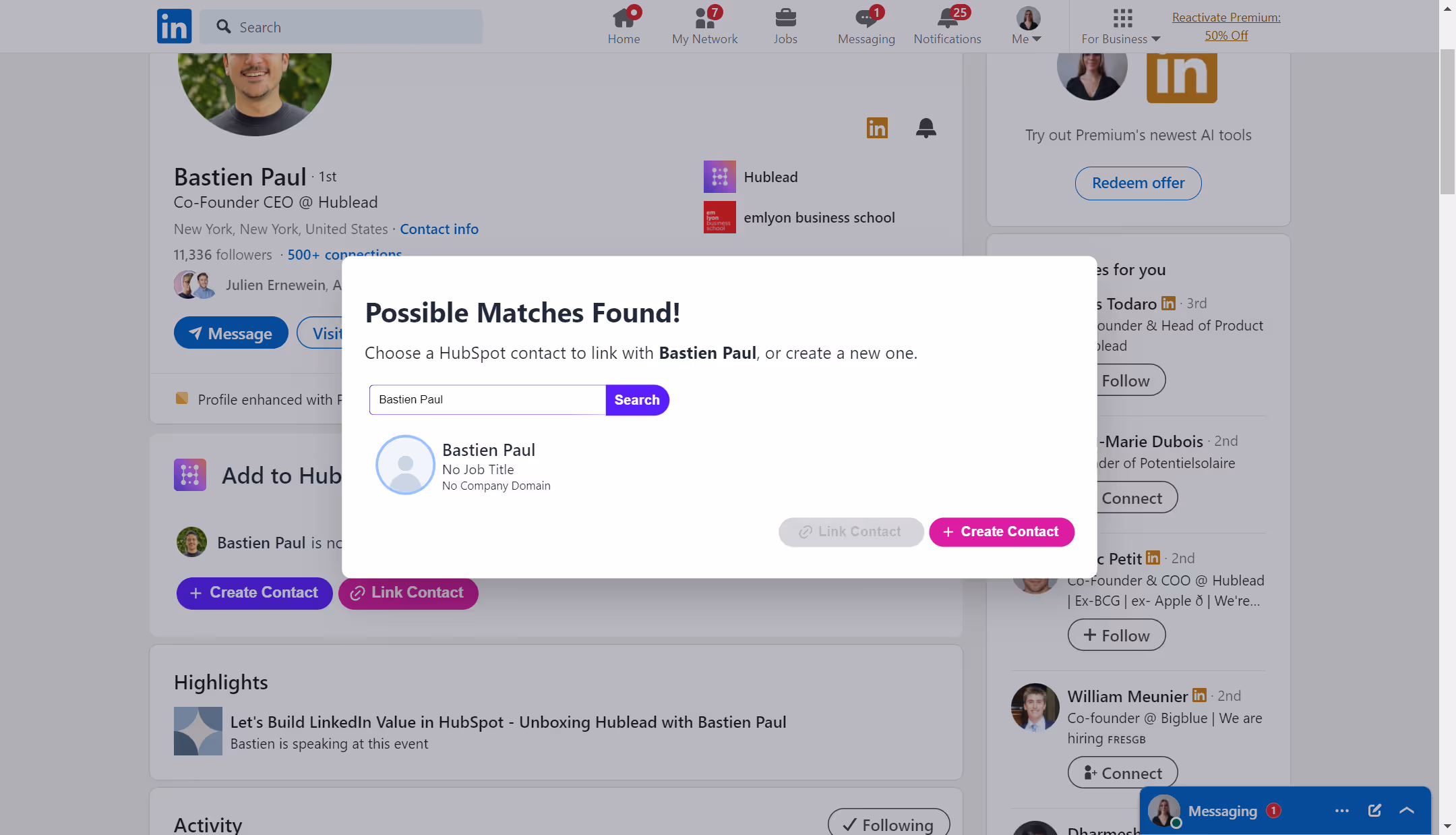 Hublead checks possible match between LinkedIn and HubSpot to avoid duplicates in CRM