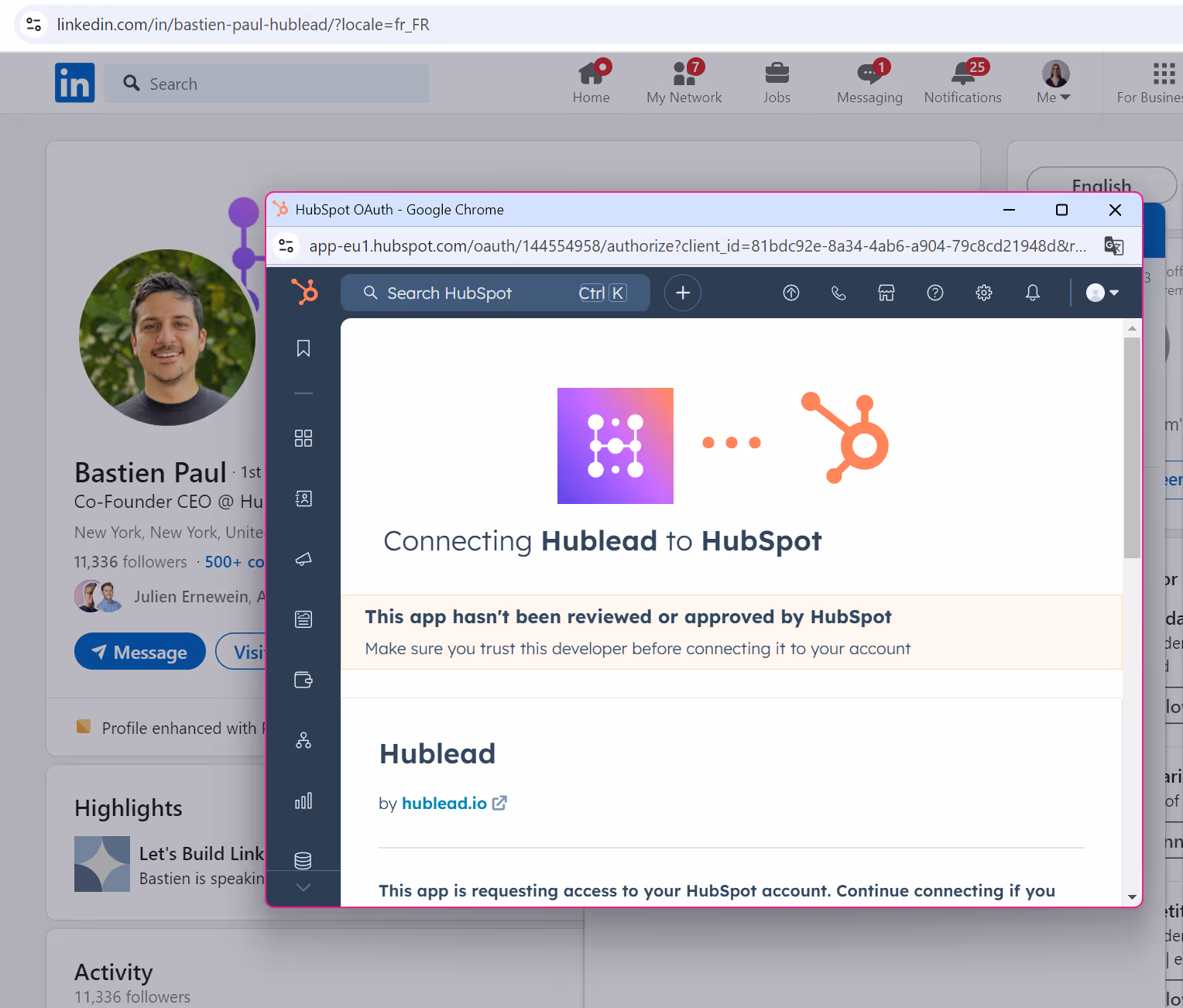 Connect the chrome extension Hublead to your hubspot account to sync your linkedin data