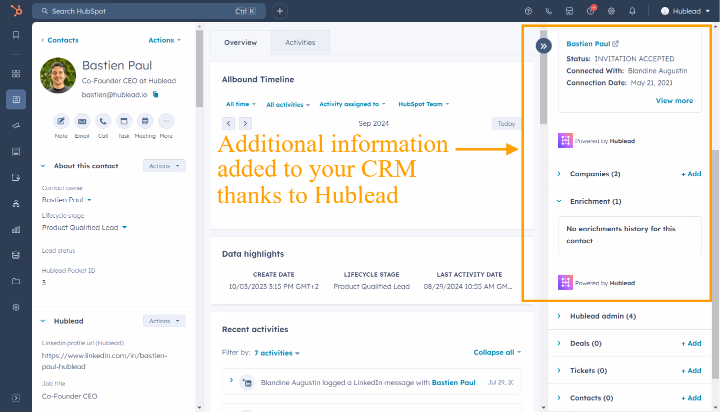 LinkdIn data synced in HubSpot - Hublead