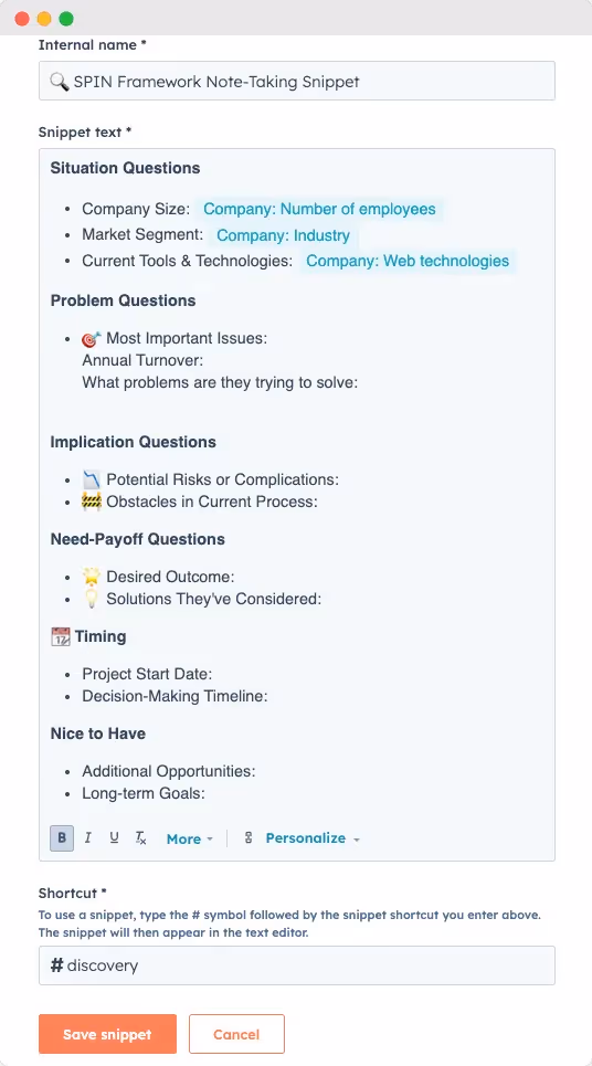 HubSpot snippet on spin selling