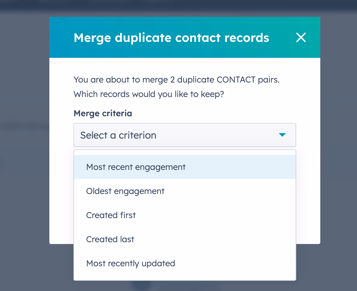 HubSpot Merging duplicate contact records - selection of criteria for primary record to keep