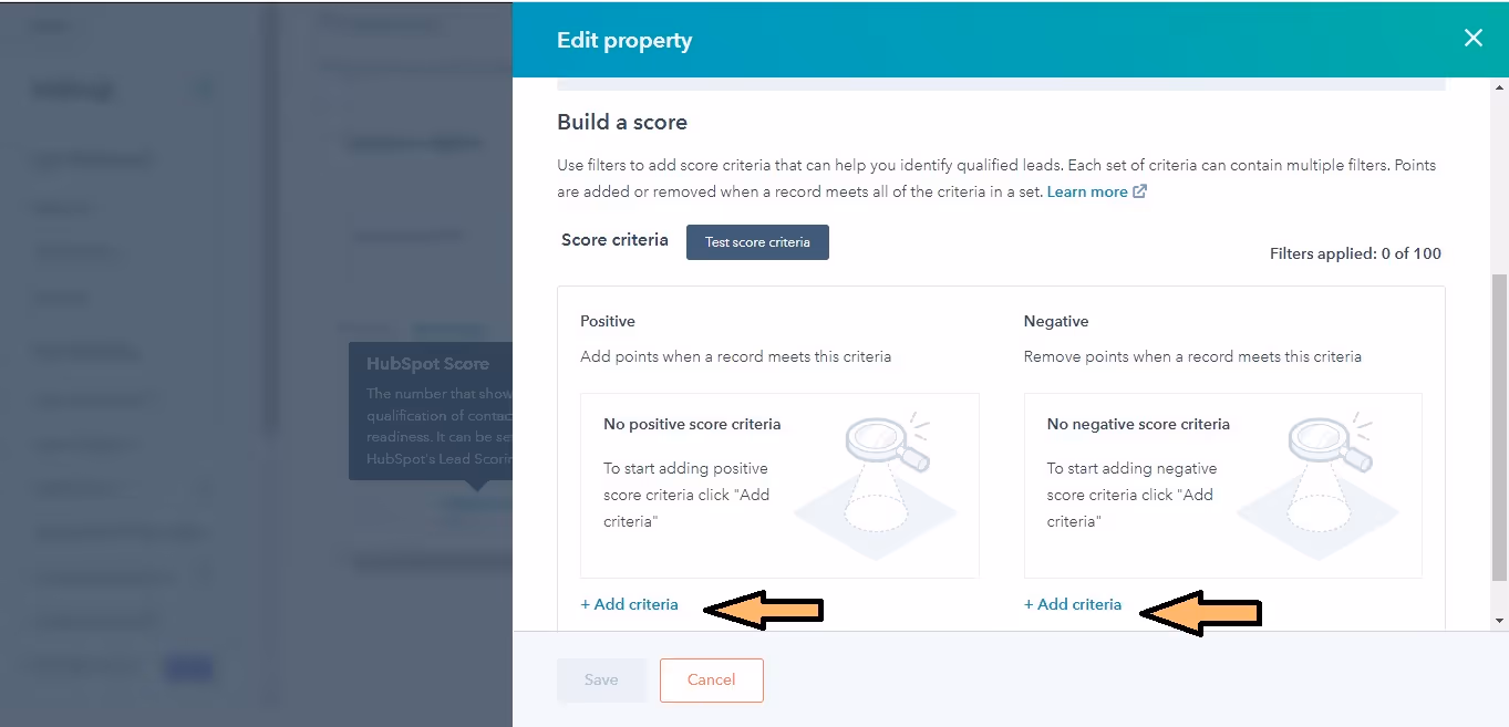 Manual Hubspot lead scoring positive and negative criteria