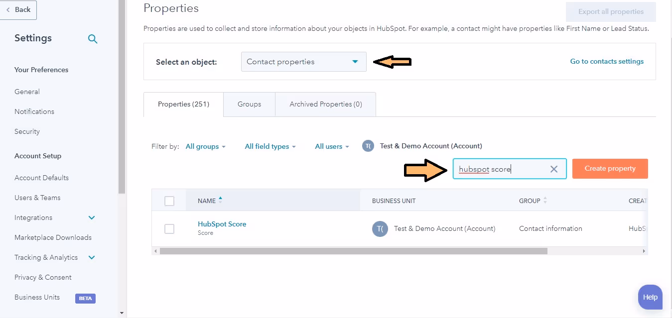 Manual HubSpot Lead Scoring Set Up - Proterties Section from Settings