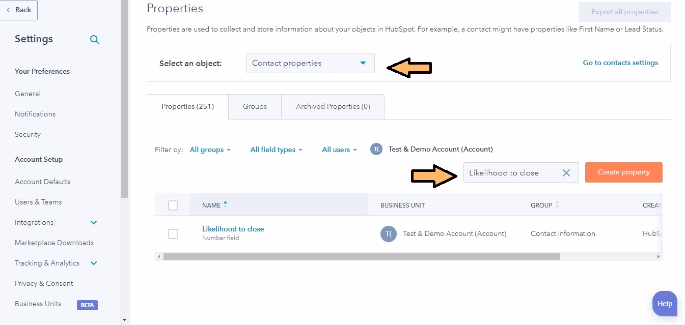 In HubSpot and Properties Search for Likelihood to close and Contact properties to Set Up HubSpot Predictive Lead Scoring