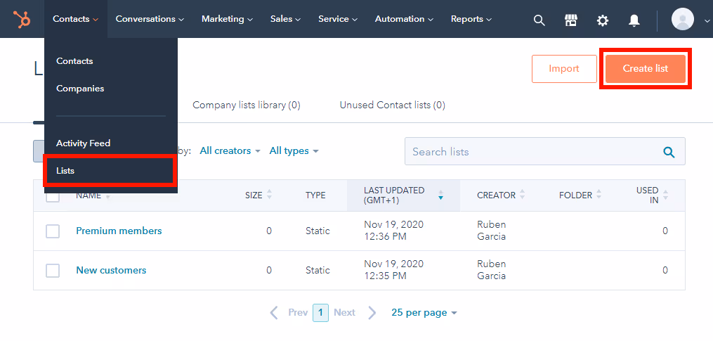 In the contact dropdown menu on the upper left search for Lists and click details
