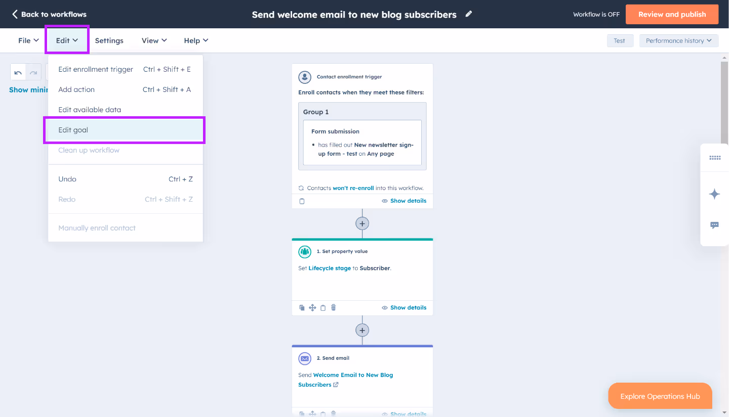 HubSpot workflow editor - add multiple criteria and goals for your contact-based workflow