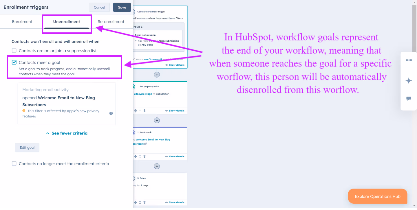 HubSpot | Workflow goal for contact based workflow that automatically unenrolled contacts once contact meets workflow enrollment criteria or disenrollment criteria 